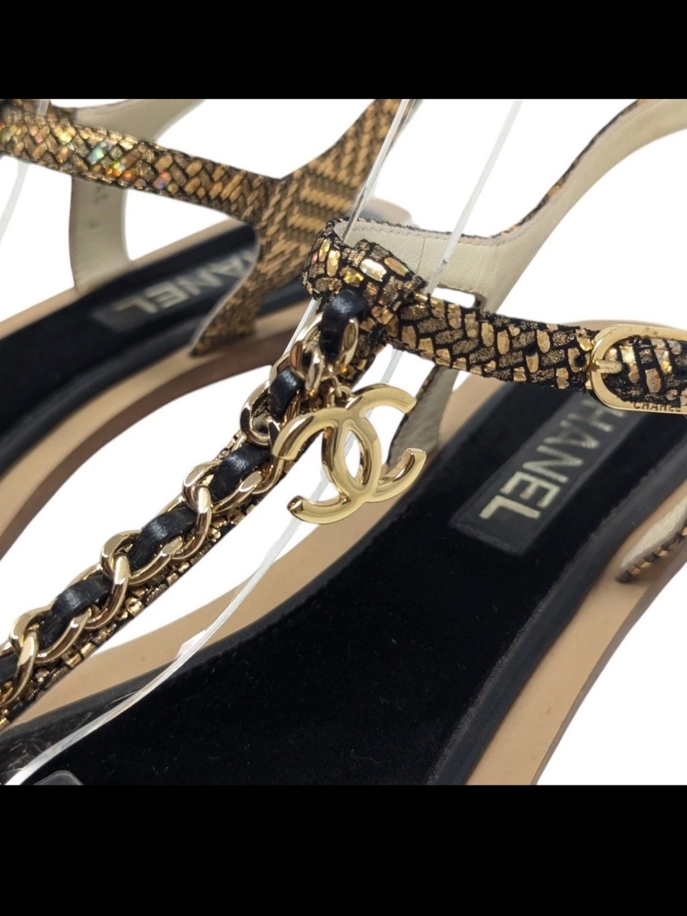 CHANEL Black & Gold Chain T-Strap Sandals - Picture 5 of 8
